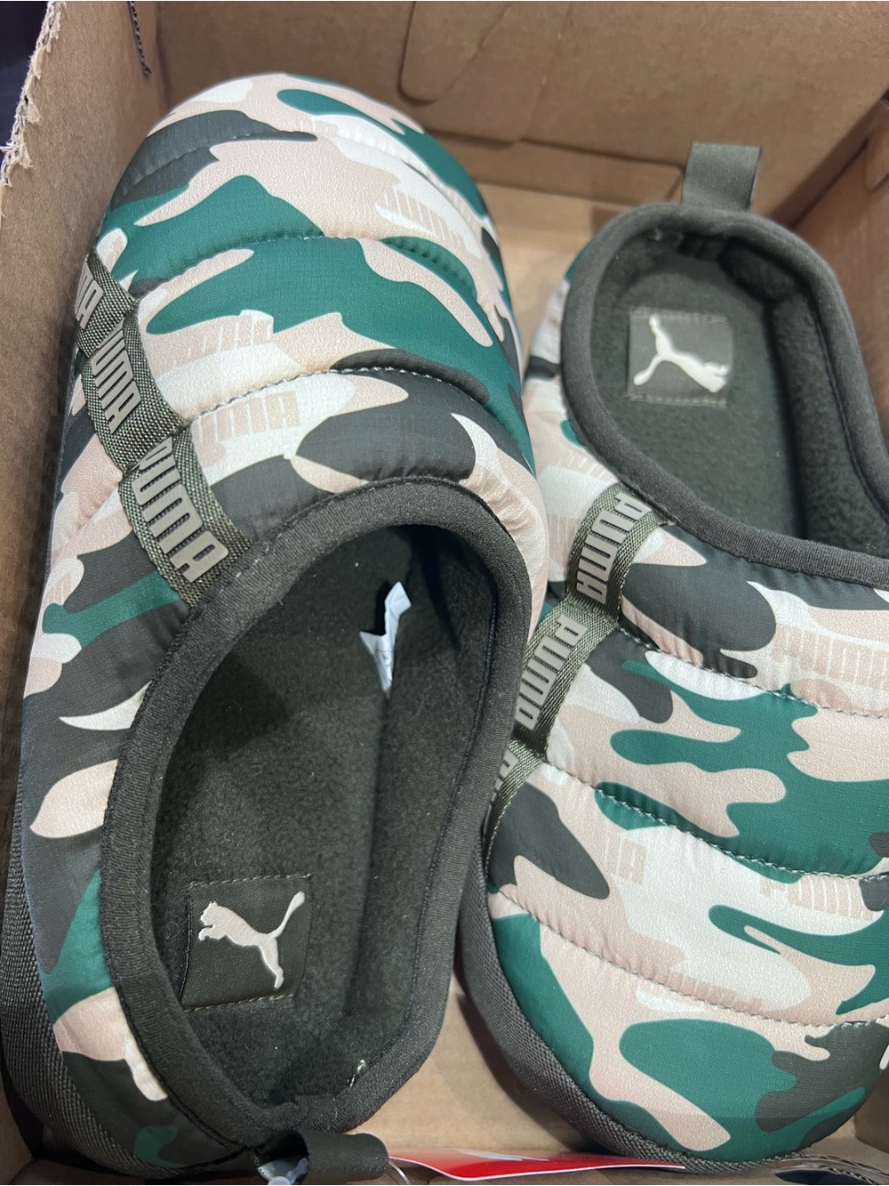 Puma Kids Green and Beige Camo Slip-On Slippers